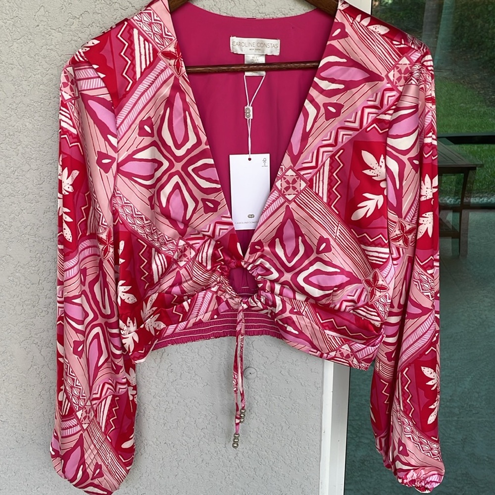 Caroline Constas Cropped Blouse Top Pink Print Long Sleeve Cutout Tie Front L